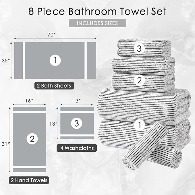 8-Piece Premium Towel Set for Bathroom|2 Oversized Large Bath Sheet,2 Hand Towels,4 Washcloths|Soft Cozy Highly Absorbent Fast Dry Microfiber Shower Towel Set for Hotel Bathroom Essentials,Brown White