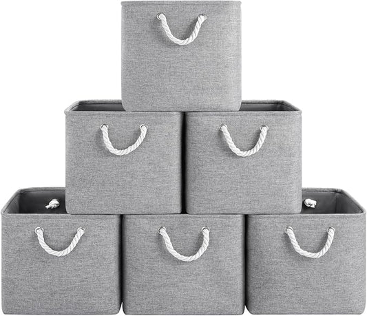 13x13 Inch Cube Storage Bins with Reinforced Bottom Cardboard, 6 Pack Large Foldable Fabric Storage Cubes with Handles for Shelf, Closet, Laundry Organization (Grey)