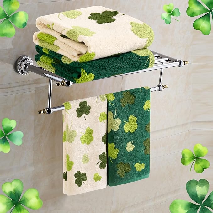 2 Pack St. Patrick's Day Hand Towels Green Clover Shamrocks 3D Embroidered 100% Cotton Soft Absorbent Bathroom Decorative Towels Set for Kitchen,Bathroom,Home,St. Patrick's Day Party,13.7'' x 29.5''