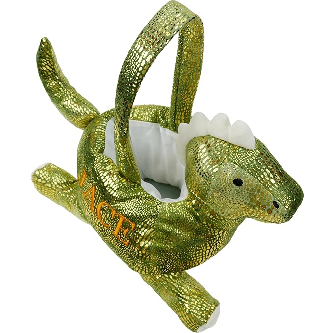 DearSun Plush Dinosaur Basket, Green Glitter, Embroidered Name, Rectangular or Round, Velvet, Perfect for Easter Hunting and Trick or Treat