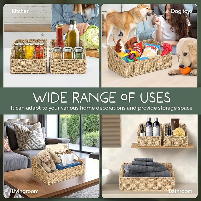 Set of 3 Handwoven Seagrass Storage Baskets – Decorative Natural Wicker Organizer Bins with Built-in Handles for Bathroom, Kitchen, Pantry, Nursery, Closet, Laundry, Living Room, and Home Use