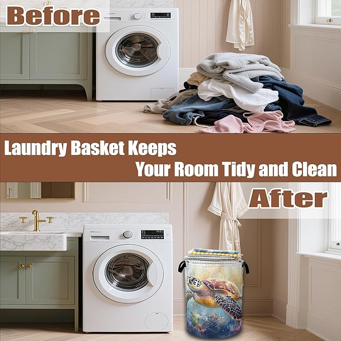 Watercolor Sea Turtle Laundry Baskets,Laundry Hamper,Storage Basket with Handles for Bathroom Bedroom College Dormitory Living Room Nursery Organizer 16"x20.8"
