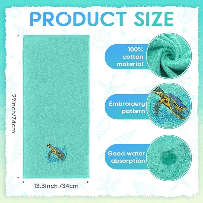 2 Pcs Sea Turtle Hand Towels Teal Bathroom Decor 14x29 Inch Embroidered 100% Cotton Soft Absorbent Spring Summer Decorative Hand Towels for Bathroom Kitchen