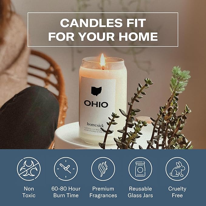 Homesick Scented Candles for Home (Ohio) - 13.75 oz Long-Lasting Soy Wax Jar Candle for Women & Men for All Occasions, 60-80 Hours Burn Time - Notes of Honeysuckle & Orange Zest