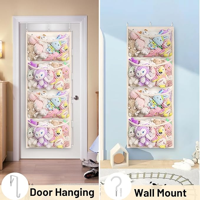 Wide Over The Door Stuffed Animal Storage, Cotton Toy Organizer for Plush Toys, Baby Supplies, Stuffed Animal Holder with 5 Large Pockets, Hanging Door Organizer for Nursery, Bedroom, Kids Room