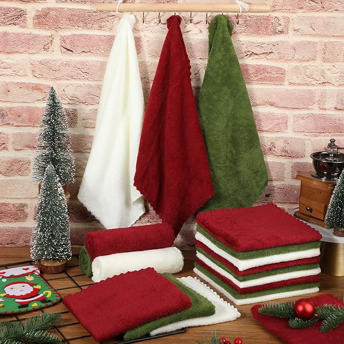 Newwiee 40 Pcs Wash Cloth Bulk Cotton Bath Hand Face Washcloths Soft Quick Drying Towel for Women Bathroom Washing Body Viscose Fiber Multipurpose Fingertip Rags (13 x 13 Inch,Green, Red, White)