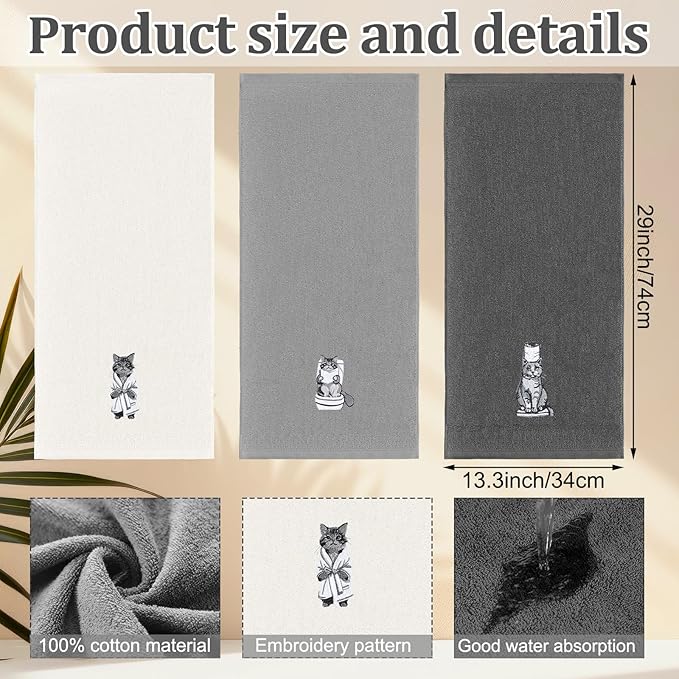 3 Pcs Cat Bathroom Hand Towels Set Cute Black Cat Embroidered Decorative Funny Kitchen Towels 100% Cotton Embroidery Farmhouse Decor for Bathroom Kitchen 13.3 x 29.5''