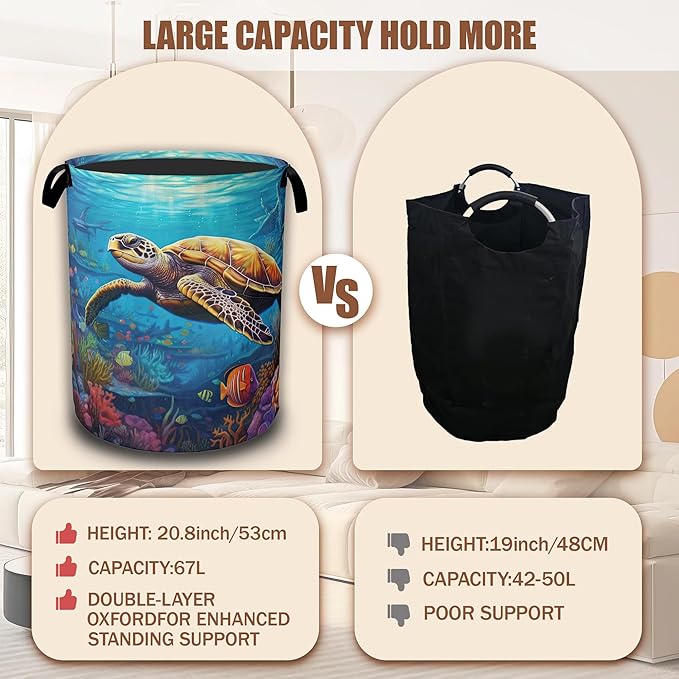 Sea Turtle Laundry Basket,Waterproof FoldableTropical Coral Reef Fish Laundry Hamper,Dirty Clothes Basket, Linen Bin Storage Organizer Collection 16" x 20.8"