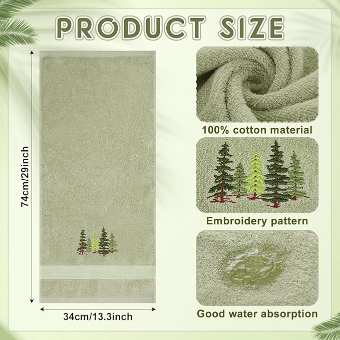 2 Pcs Forest Hand Towels Gray Green Bathroom Decor 14x29 Inch Embroidered 100% Cotton Soft Absorbent Nature Scene Decorative Hand Towels for Bathroom Kitchen