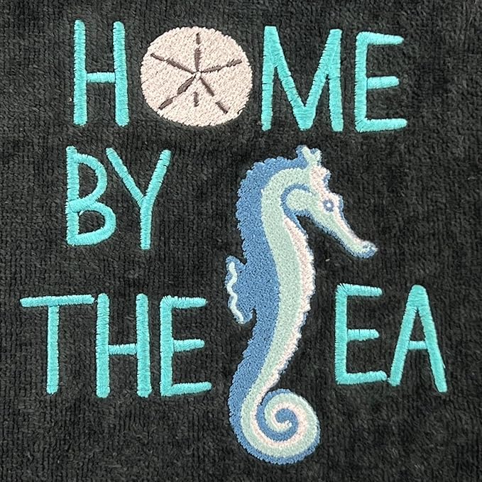 Home by The Sea Embroidered Seahorse Guest Hand Bath Towels, 2 Piece Set, 100% Cotton, Dark Gray
