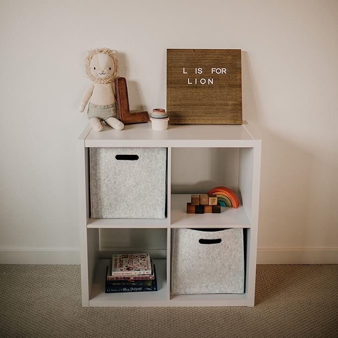 Parker Baby Co. Felt Foldable Storage Cube Bin - 13 Inch Nursery Organizer for Diapers, Toys, and More - Collapsible Portable Cubby Basket for Storage- Natural Modern Design - Gender Neutral - White
