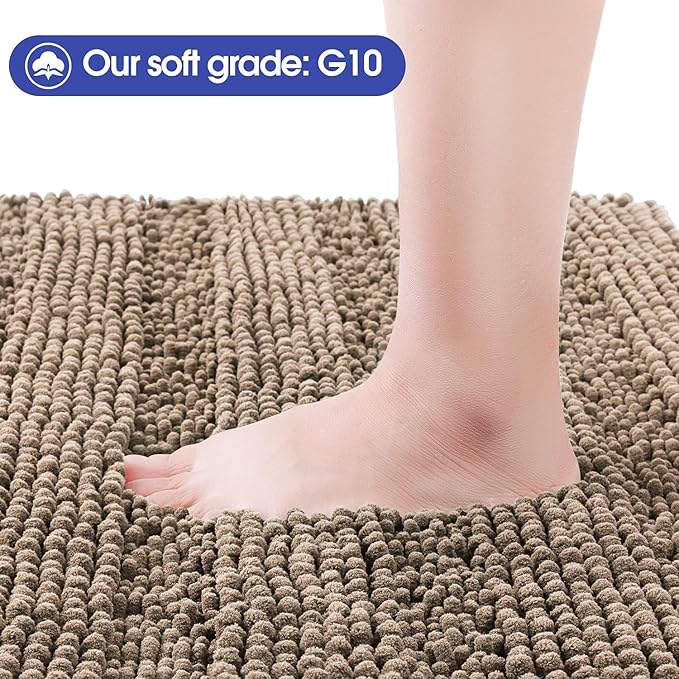 ACCUMTEK Extra Long Striped Dark Beige Bathroom Rug Mat 70"x24" Ultra Soft, Non Slip Chenille Bath Rugs, Absorbent Plush Shaggy Bath Mats for Bathroom, Bedroom, Kitchen, Shower, Tub,Taupe
