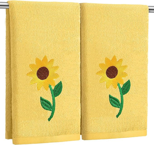 2 Pcs Sunflowers Hand Towels Bright Yellow Bathroom Decor 14x29 Inch Embroidered 100% Cotton Soft Absorbent Spring Summer Decorative Hand Towels for Bathroom Kitchen