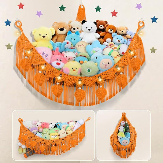 Stuffed Animal Storage Hammock Corner w/LED Star Light, 56'' Large Boho Tassel Leaf Cotton Net Holder for Teddy Plushie, Golden Yellow Nursery Hanging Organizers Toy Hammock Net for Girls Boys Gift