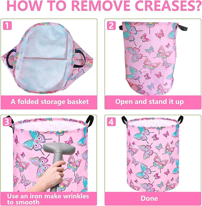 19.7 Inch Round Laundry Hamper Cute Butterfly Pattern Laundry Basket Fabric Storage Hamper Organization Bin, Toy Box,Gift Basket with Handles for Room