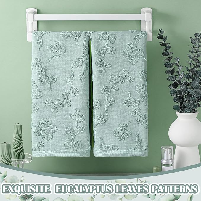 2Pcs Eucalyptus Leaves Hand Towels for Bathroom 100% Cotton Jacquard Weave Bath Towel Set Absorbent Dish Washcloth for Bathroom Kitchen Summer Theme Gifts 13.8 x 29.5 Inch (Sage Green)