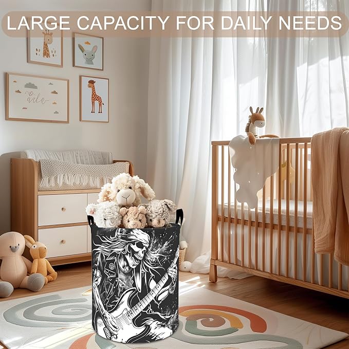 Rock Skull Laundry Basket Hamper 19.7"x15.8", Music Foldable Waterproof Oxford Clothes Storage Bucket for Room Bathroom Bedroom Nursery Decor, Toy Organizer Bins Gifts for Kids Boys Girls
