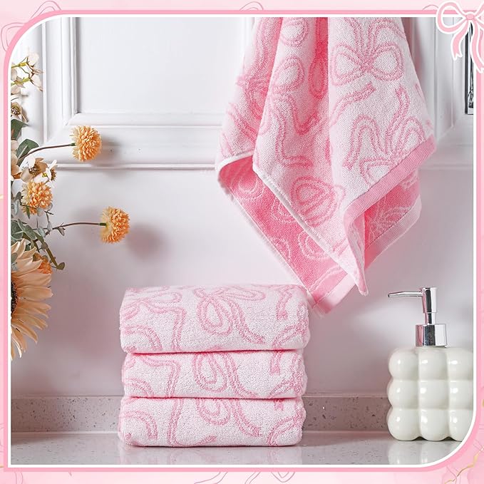 4 Pcs Coquette Pink Bow Hand Towels 13 x 29'' Soft 100% Cotton Absorbent Decorative Towels for Bathroom Kitchen Spring Easter Decor Galentine's Day Gifts