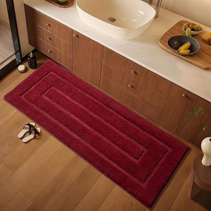 HOMORE Bathroom Runner Rug 24x60 Inch, Soft and Absorbent Bath Runner Rug, TPR Backing Non Slip Bath Mat, Washable Plush Bath Rugs for Bathroom Floor Shower Tub Sink Christmas Decor, Wine Red