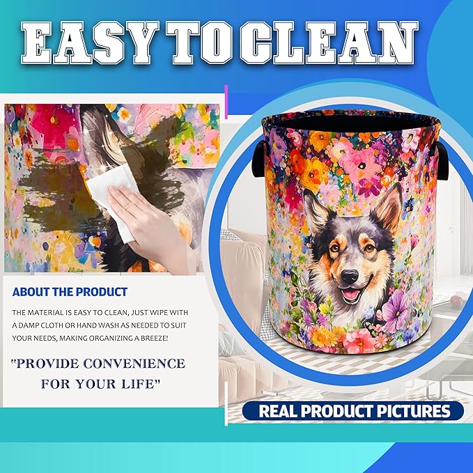 Dog Laundry Basket Oxford Cloth Pet Flowers Laundry Hamper With Handle Foldable Portable Clothes Storage Basket 18.9 X 16.5 In Storage Bag For Laundry Room/Bathroom/Bedroom/Dormitories