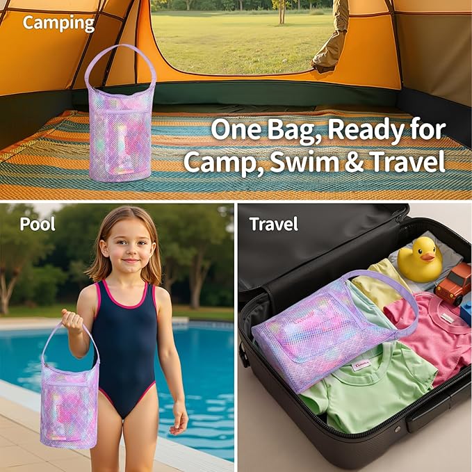 Kids Mesh Shower Caddy - Small Portable Toiletry Tote Bag for Camp Dorm Gym, Quick Dry Hanging Organizer with Zipper Pocket, Purple Mermaid