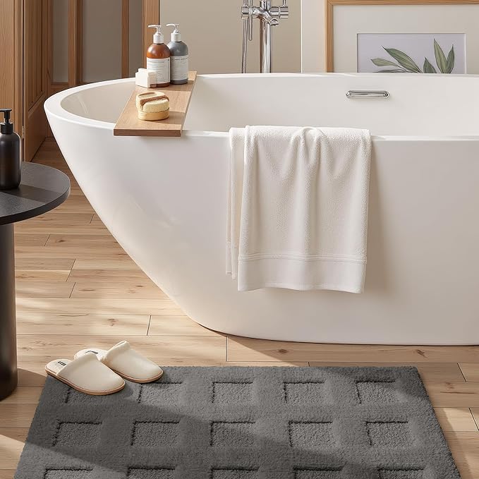 GRANNY SAYS Bathroom Rugs Non Slip Washable, Extra Soft & Water Absorbent Bath Mats for Bathroom, Plush Shaggy Bath Carpet, Deep Grey Waffle Bath Mat Quick Dry for Tub & Shower 20" x 32"