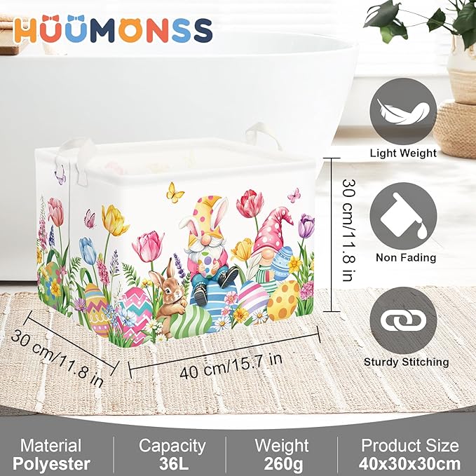 Easter Rabbit Gnome Laundry Hamper Large Storage Basket Cute Tulip Eggs Collapsible Parents Organizer Kids Toy Clothes Bins for Bedroom, Bathroom, Butterfly, 36L