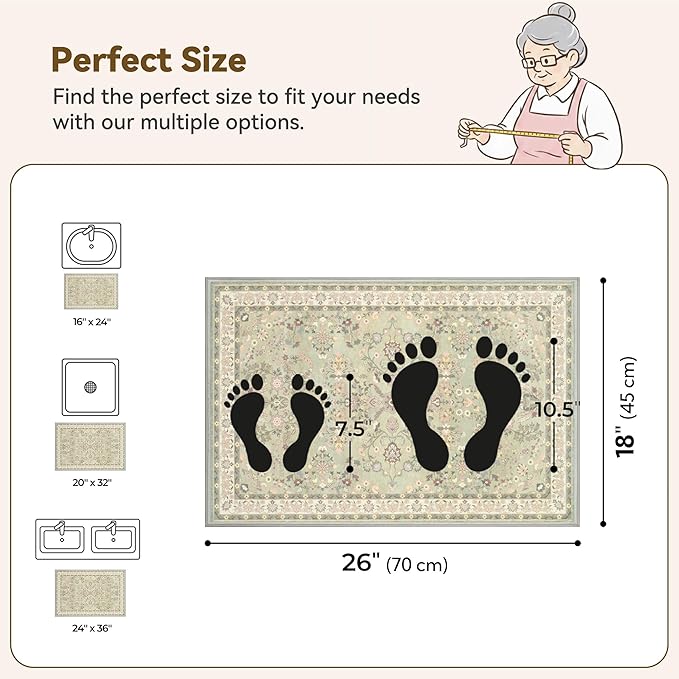 GRANNY SAYS Boho Bathroom Rugs 26"x 18" Non-Slip, Quick Dry & Washable, Vintage Bath Rug, Distressed Farmhouse Plush Velvet Bath Mat, Absorbent for Shower Toilet Sink, Pet Friendly - Flower Green