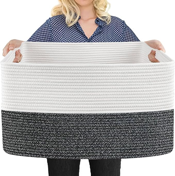 Extra Large Toy Box, 22" x 17" x 12" Rectangle Blanket Basket Living Room, Woven Cotton Rope Baskets for Storage, Soft Toy Storage Organizer Bin Chest, Kids Toy Box fo Living Room