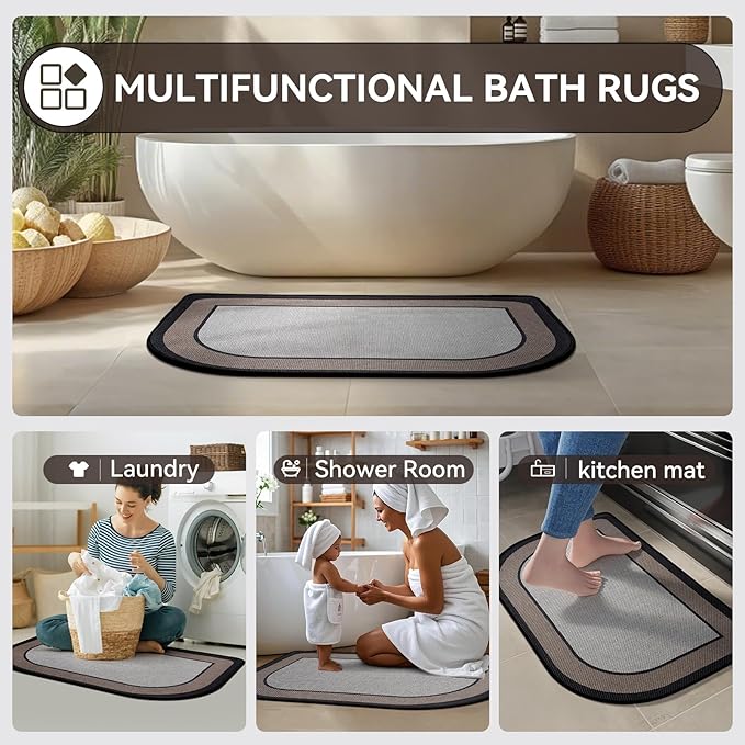 Half Circle Bath Mat, Thin Bathroom Rugs Fit Under Door Quick Dry Non Slip Washable Bathroom Mat with Rubber Backing, Absorbent Half Round Shower Mat Rug, Gray Brown