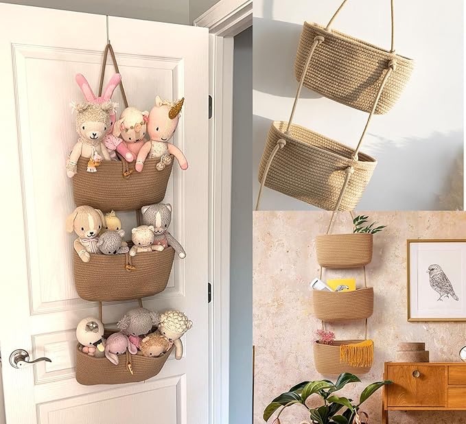 YYaaloa Woven Cotton Hanging Baskets for Organizing Decor 3-Tier Over the Door Wall-Mounted Storage Bag Nursery Baskets for Organizing Living Room, Bathroom and Bedroom (Brown)