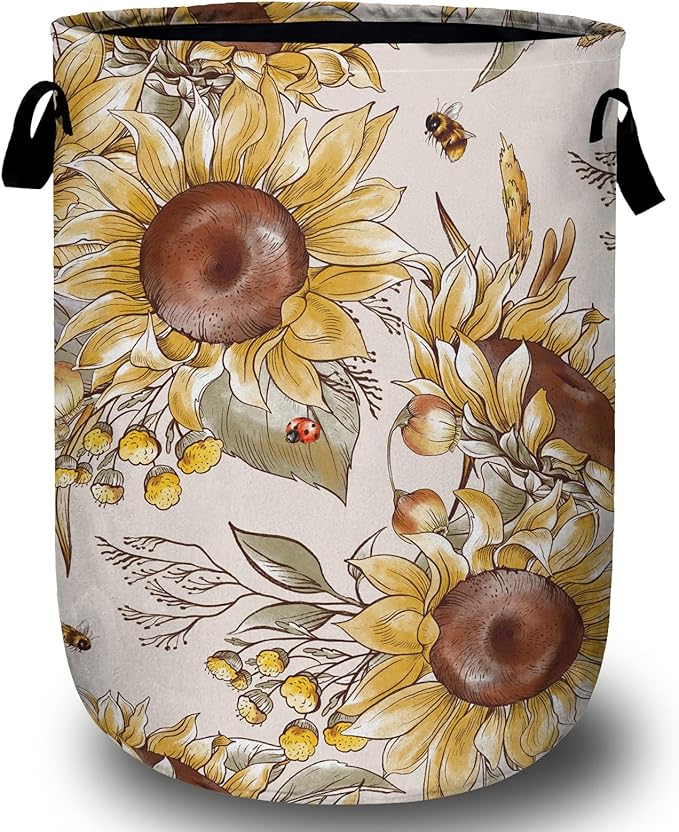 Fall Sunflowers Laundry Basket, Ladybird Honeybee Laundry Hamper Collapsible Oxford Cloth with Handle Clothes Toy Storage Bin for Bathroom Laundry Room Bedroom 15.7 X 20 Inch