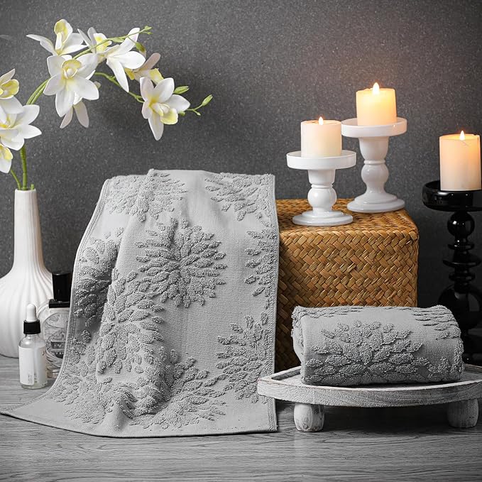 2 Pcs Quality Floral Jacquard Hand Towels Set for Bathroom Light Gray Hand Towels 100% Cotton Absorbent Decorative Weave Bath Decor Neutral Bathroom Decor Gift, 13.7 x 29.5 Inch