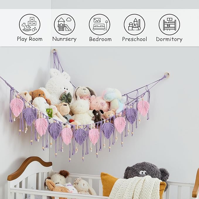 Pretty Jolly Macrame Stuffed Animal Hammock with Beads Hand Woven Leaf Tassels Corner Hanging Net Boho Plush Holder for Toys Kid Room Nursery Decor Easy Install Organizer for Girls Gift(Purple)