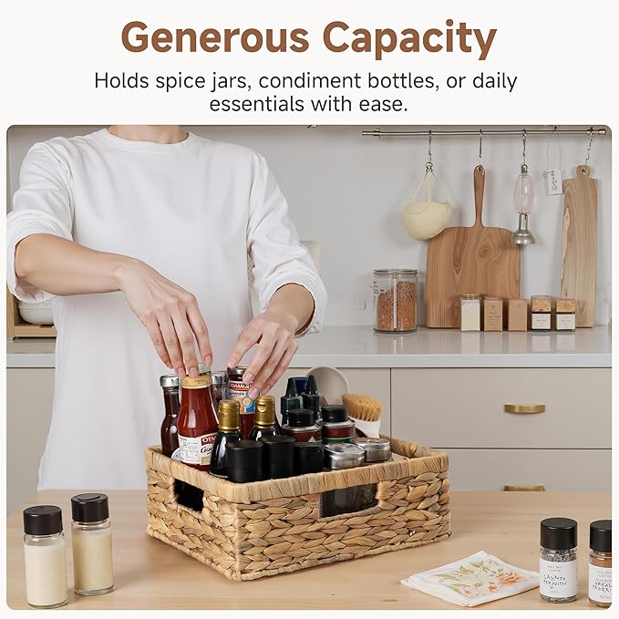 StorageWorks Pantry Baskets, Wicker Storage Baskets for Organizing, Bathroom Shelves, Pantry Organizers and Storage, Water Hyacinth, 13"L x 10¼"W x 4 ¾"H