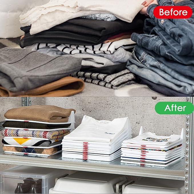 10 Pack T-Shirt Organizer and Folding Board for Closets, Stackable Shirt Dividers, Easy-Grab Clothing Trays for Wrinkle-Free Laundry Storage (Large)
