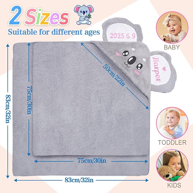 Baosity Custom Hooded Baby Towel with Name, Soft and Absorbent Customized Koala Toddler Towels, Baby Bath Towel for Boys and Girls, Easter Birthday Towel for Kids，Babies, Toddlers, Newborns Essential