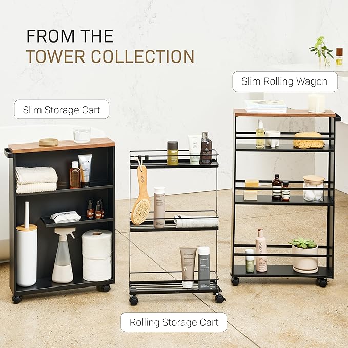 YAMAZAKI Home Slim Rolling Storage Cart – Narrow Bathroom Storage Cabinet with Handle, Slim Bathroom Storage Cart with Wheels, Easy Assembly, Steel + Wood, Black, 27" - Steel -