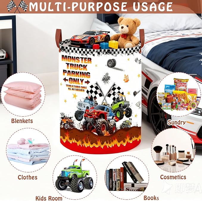 Monster Trucks Storage Basket Laundry Hamper with Monster Truck Parking Sign,Car Room Decor for Boys,Kids Laundry Basket Gift Bag Storage Organizer(Monster Trucks-Flag)