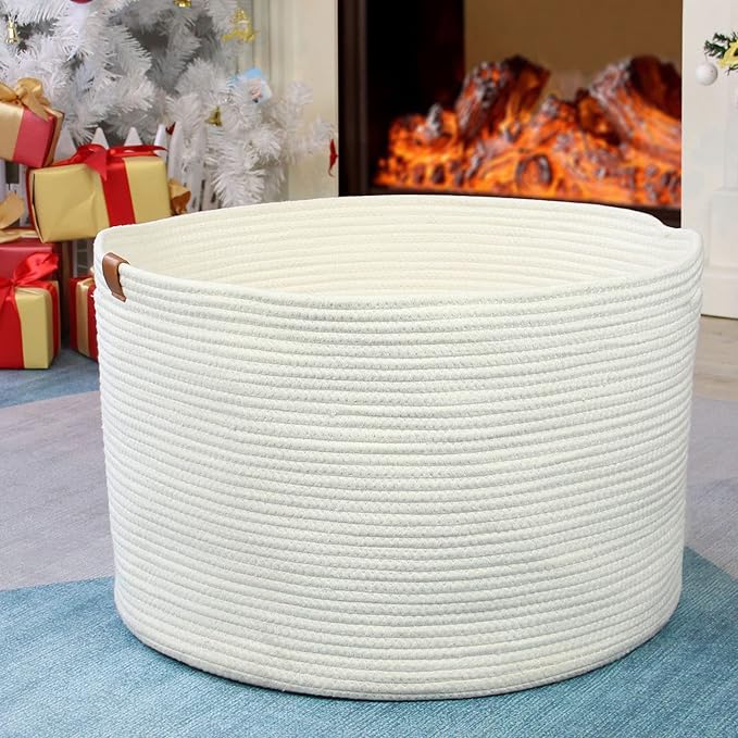Casaphoria XXXLarge Cotton Rope Basket for Living Room - Woven Storage Basket with Handle for Blankets, Towels and Pillows Laundry Hamper | cream white (21" x 21" x 13.8")