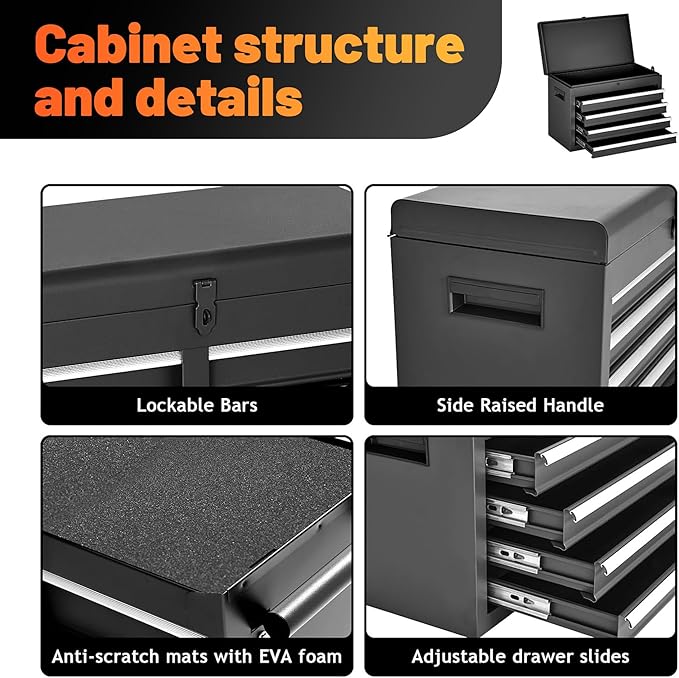 5-Drawer Rolling Tool Chest & Cabinet With Detachable Top Box - Heavy-Duty Metal Tool Cart With 4 Hooks, Lockable Drawers & 4 Wheels For Garage, Workshop, And Automotive Organization(Black)