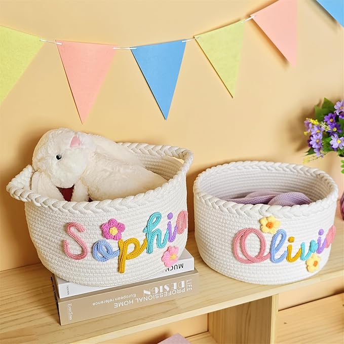 JUPPE Custom Baby Shower Basket, Personzlized Basket with Baby Name, Baby Boy Girl Storage Organizer Cotton Rope Nursery Decor Newborn Gift (style 1) (Style 7)