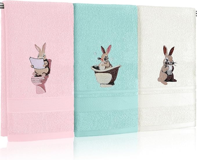 3 Pack Easter Hand Towels 13.4 x 29.2 Inch Cotton Embroidered Happy Easter Bunny Bathroom Towel Absorbent Decorative for Hand Drying Cleaning Gift
