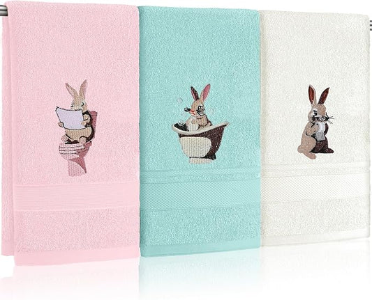 3 Pack Easter Hand Towels 13.4 x 29.2 Inch Cotton Embroidered Happy Easter Bunny Bathroom Towel Absorbent Decorative for Hand Drying Cleaning Gift