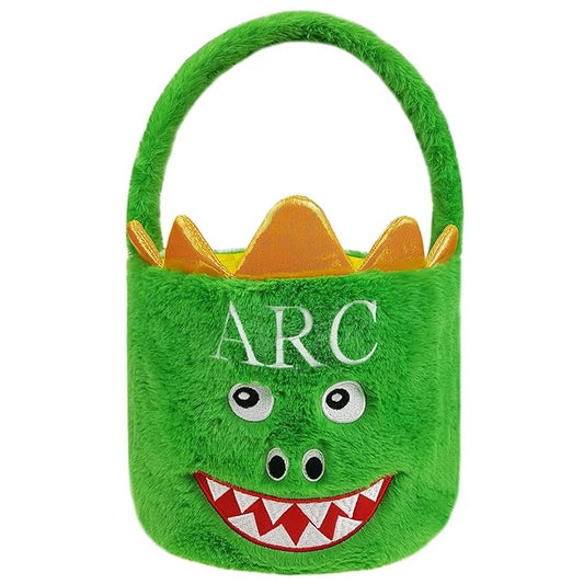 DearSun Exquisite Embroidery ! Personalized Plush Dinosaur Basket Easter Egg Hunting Baskets with Embroidery Name (Green Plush Dinosaur Basket)