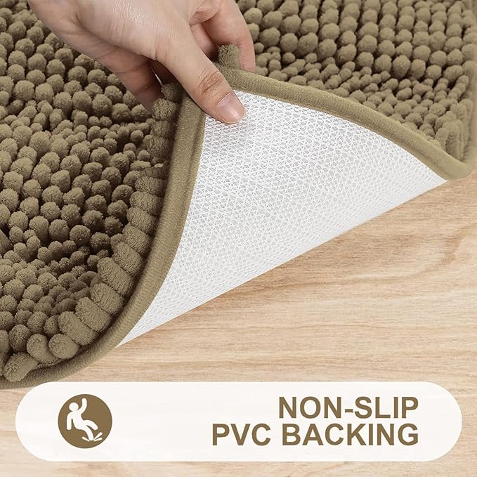 Grandaily Chenille Striped Bathroom Rugs 24x16, Extra Thick and Absorbent Bath Mats, Non-Slip Soft Plush Shaggy Shower Carpet, Machine Wash Dry, Bath Rug for Bathroom, (Small, Tan)