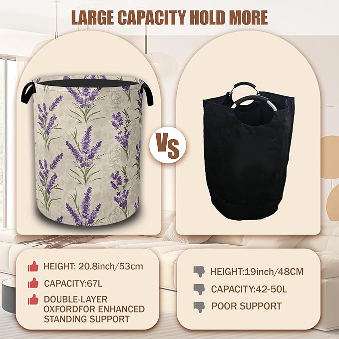 Purple Lavender Flowers Laundry Basket,Waterproof Foldable Laundry Hamper,Dirty Clothes Basket, Linen Bin Storage Organizer Collection 16" x 20.8"