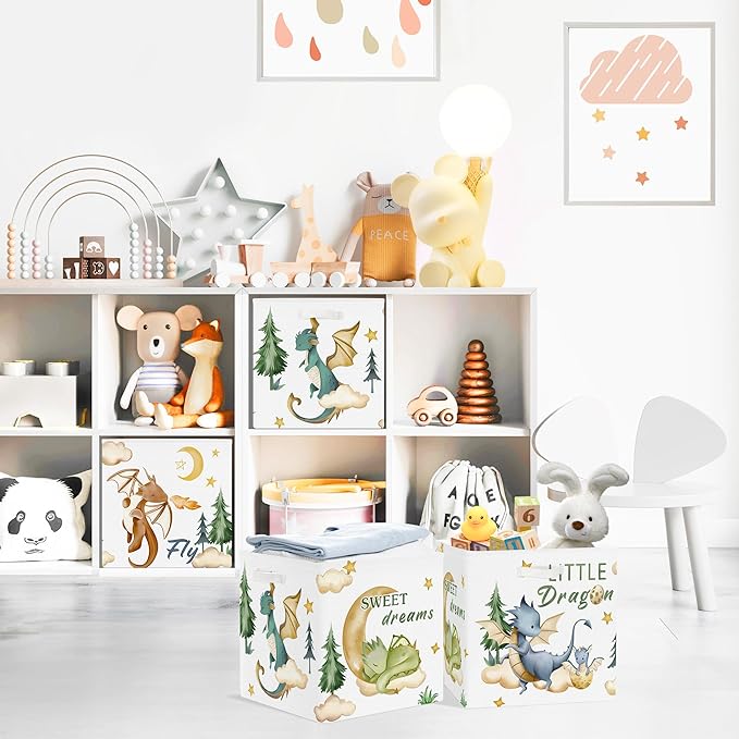 Clastyle 3 pcs Dinosaur Cube Storage Unit Boxes Volcano Kallax Box for Shelves Parents Storage Baskets for Book Clothes Toy Organizer, Dragon, 11.8x11.8x11.8 in