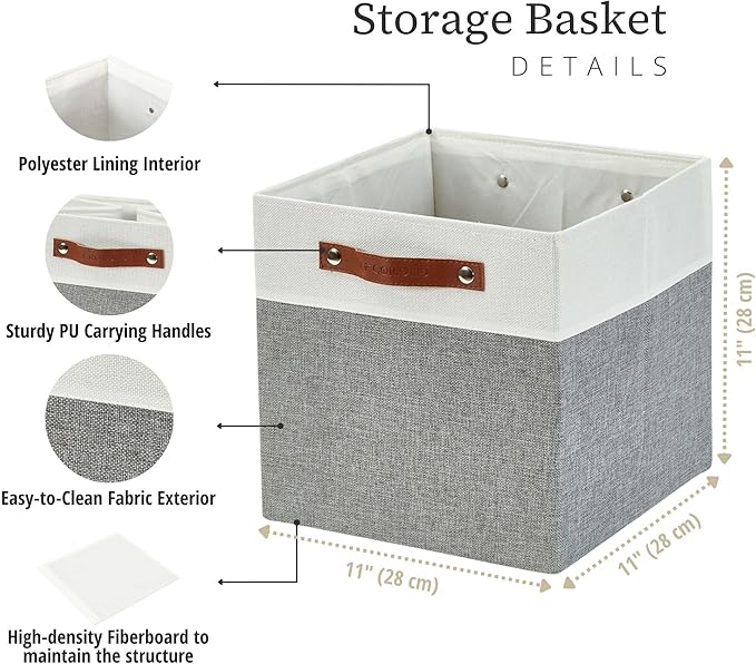 DECOMOMO Fabric Cube Storage Bins - Storage Baskets for Shelves, Cube Storage Organizer for Kallax and Cubbies (Grey & White, 11 inch Cube) - 4 Pack