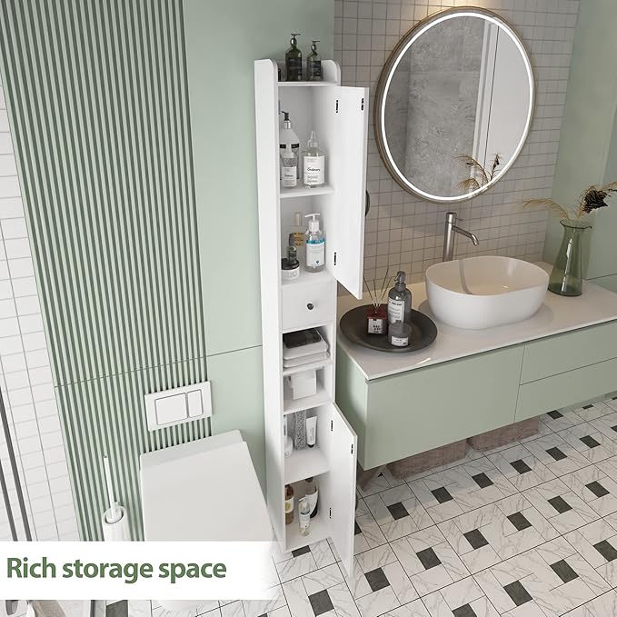 Tall Bathroom Storage Cabinet with Adjustable Shelves, Narrow Storage Cabinet with 2 Doors, Drawer, Toilet Paper Holder, Slim Storage Cabinet for Small Space, Kitchen, Laundry, Entryway, White